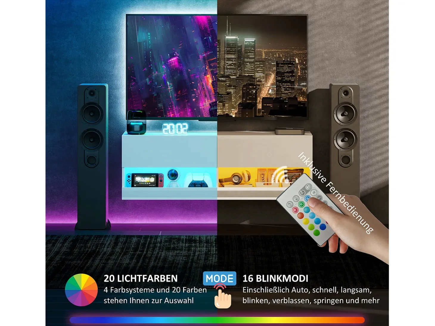 Armário de TV pendurado 120x35x40,5cm, iluminação LED, 16 modos, Branco brilhante