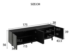 Armário de TV 175x38x56 cm, preto moderno, pratos de inserção ajustáveis, Design de luxo