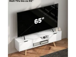 Armário de TV 150x39x50cm, 2 armários e 2 prateleiras, para até 65 polegadas, branco