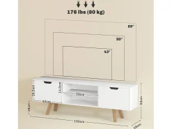 Armário de TV 150x39x50cm, 2 armários e 2 prateleiras, para até 65 polegadas, branco