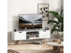 Armário de TV 150x39x50cm, 2 armários e 2 prateleiras, para até 65 polegadas, branco
