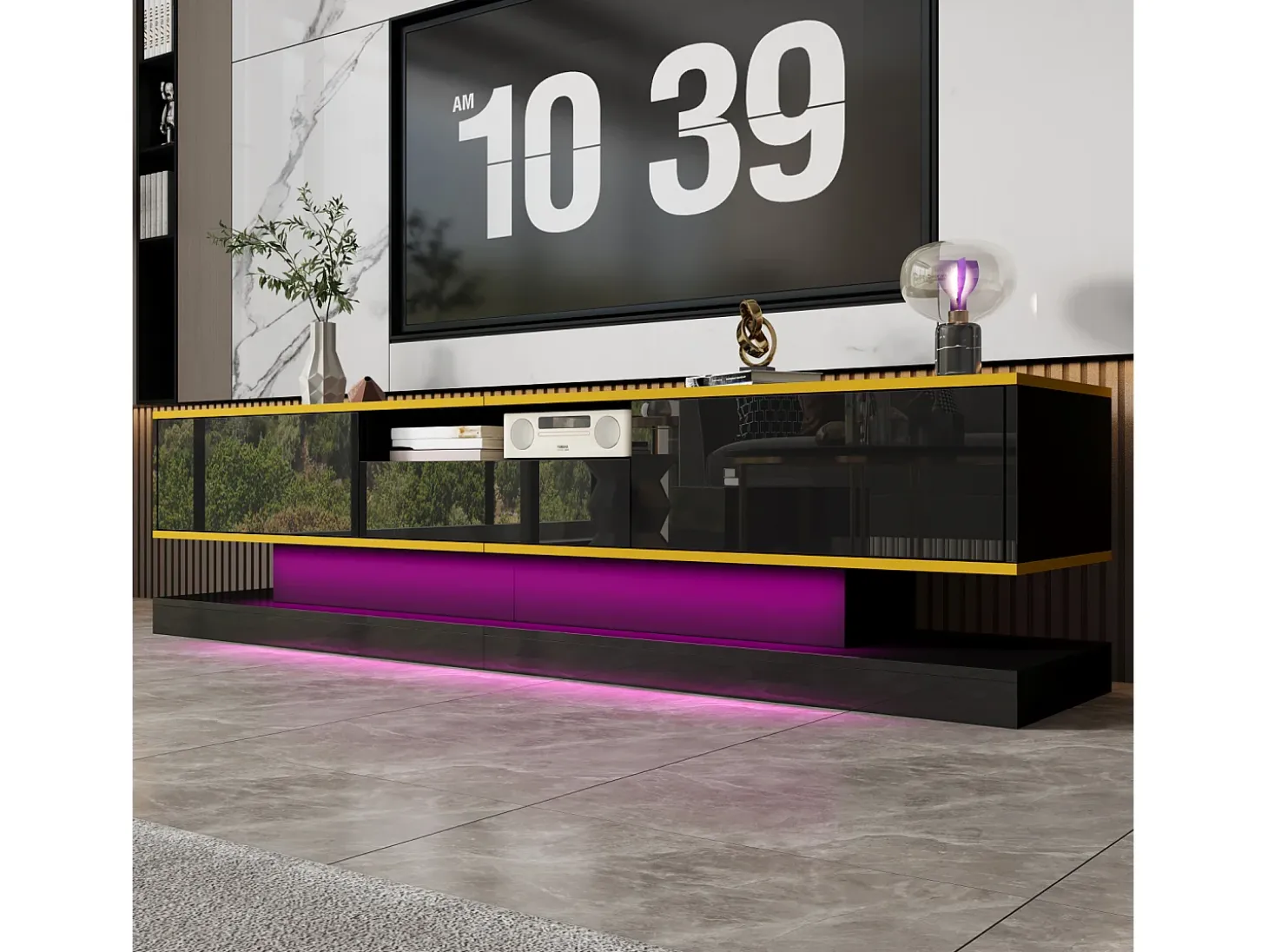 Armário de TV 180x38x45cm, 3 gavetas, compartimento aberto, LED com mudança de cor, Brilhante