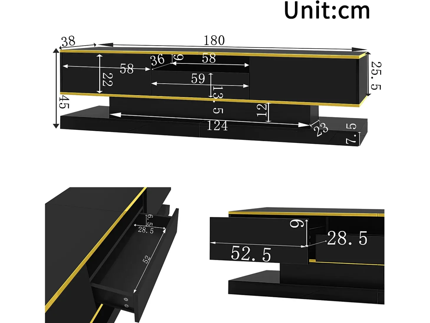 Armário de TV 180x38x45cm, 3 gavetas, compartimento aberto, LED com mudança de cor, Brilhante