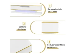 Armário de TV 180x38x45cm, 3 gavetas, compartimento aberto, LED com mudança de cor, Brilhante