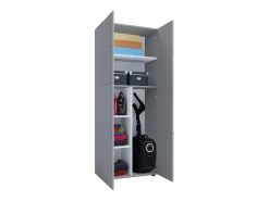 Armário de vassoura de madeira VCM | 6 compartimentos | Armário doméstico | Dimensões: L. 70 x A. 184 x P. 40 cm | 4 Portas rotativas - Lona (Cinza)