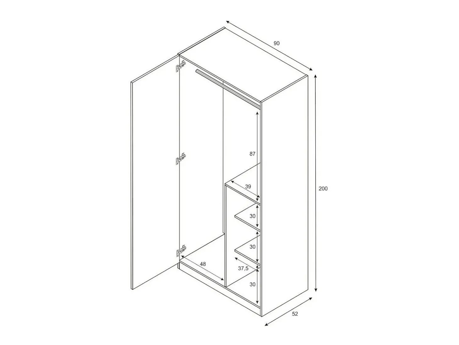 Armário Dgorett, Guarda-roupa para quarto de criança, Armário com 3 portas e 3 prateleiras com barra para cabide, 90x52h200 cm, Cinza e Verde Aqua