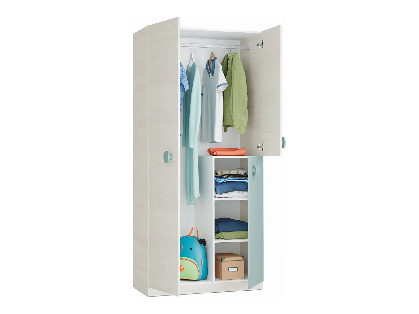 Armário Dgorett, Guarda-roupa para quarto de criança, Armário com 3 portas e 3 prateleiras com barra para cabide, 90x52h200 cm, Cinza e Verde Aqua