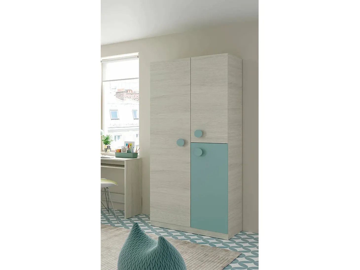 Armário Dgorett, Guarda-roupa para quarto de criança, Armário com 3 portas e 3 prateleiras com barra para cabide, 90x52h200 cm, Cinza e Verde Aqua