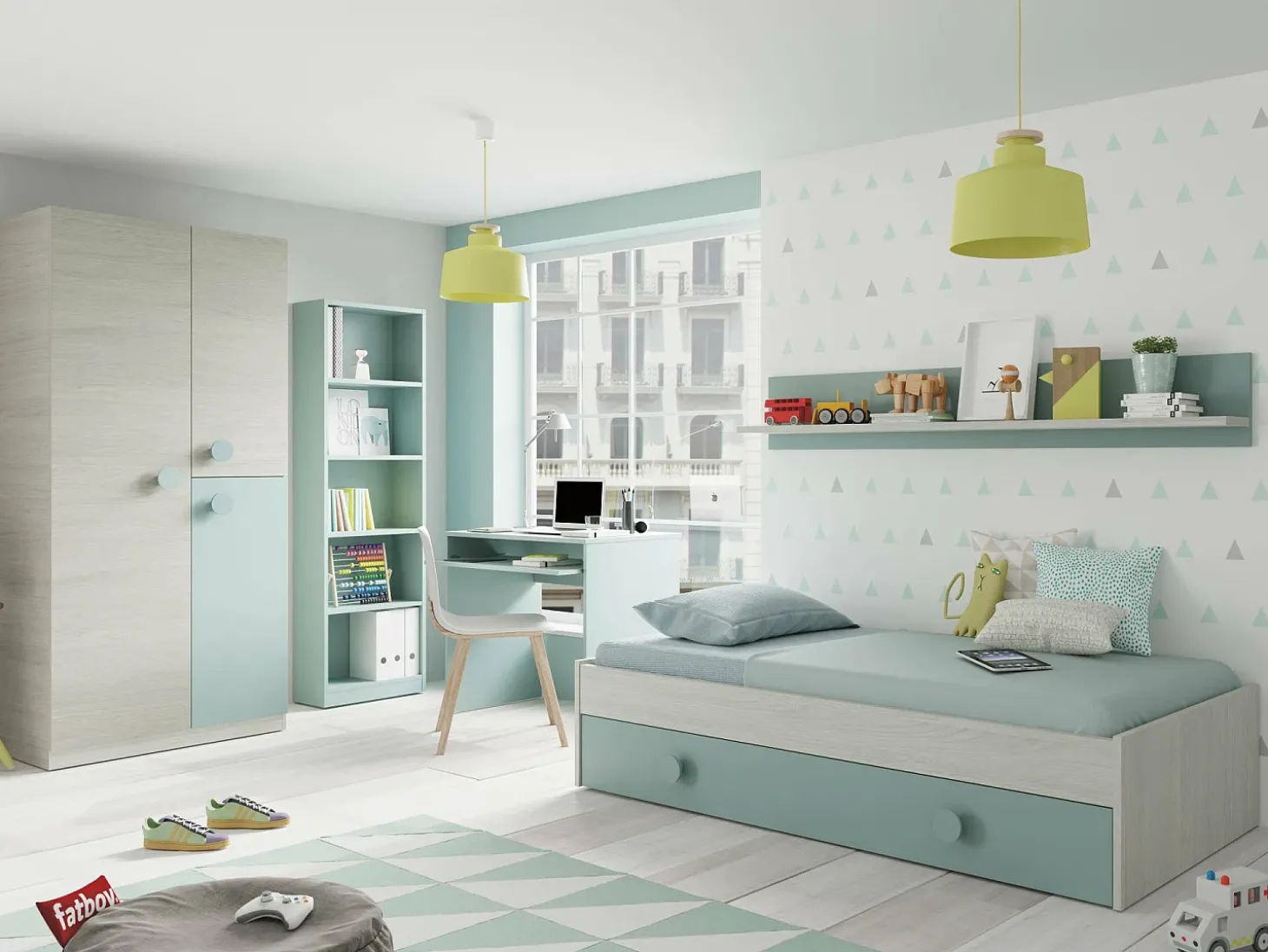 Armário Dgorett, Guarda-roupa para quarto de criança, Armário com 3 portas e 3 prateleiras com barra para cabide, 90x52h200 cm, Cinza e Verde Aqua