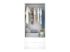 Armário Dlunin, Cabide para quarto, Armário com 2 portas de batente e 2 gavetas, 81x52h184 cm, Branco