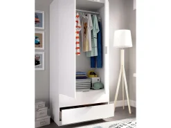 Armário Dlunin, Cabide para quarto, Armário com 2 portas de batente e 2 gavetas, 81x52h184 cm, Branco