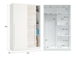 Armário Downey, Armário de quarto com 2 portas de correr, armário com barra suspensa e 3 prateleiras, 120x50h200 cm, branco antigo