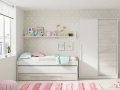 Armário Downey, Armário de quarto com 2 portas de correr, armário com barra suspensa e 3 prateleiras, 120x50h200 cm, branco antigo
