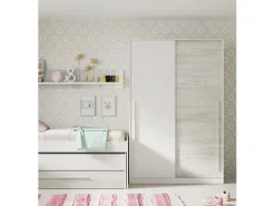 Armário Downey, Armário de quarto com 2 portas de correr, armário com barra suspensa e 3 prateleiras, 120x50h200 cm, branco antigo