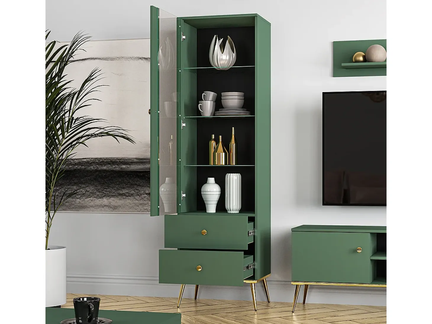 Armário expositor de 1 porta e 2 gavetas Thalia Green