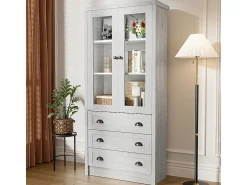Armário expositor moderno 80x34x171 cm - Exterior em madeira, portas de vidro, 3 gavetas e puxadores em latão