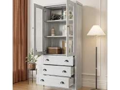 Armário expositor moderno 80x34x171 cm - Exterior em madeira, portas de vidro, 3 gavetas e puxadores em latão