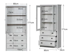 Armário expositor moderno 80x34x171 cm - Exterior em madeira, portas de vidro, 3 gavetas e puxadores em latão