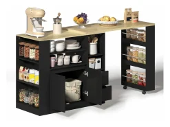 Armário giratório para bar - 115 x 50 x 92 cm - com prateleiras + 2 gavetas + mesa extensível - MDF - preto + natural