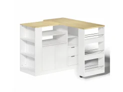 Armário giratório para bar - 115 x 50 x 92 cm - com prateleiras + 2 gavetas + mesa extensível - MDF - branco + natural