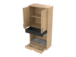Armário multifuncional para animais de estimação, 160 cm, com comedouro, cama, espaço de armazenamento e ganchos.