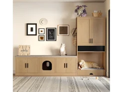 Armário multifuncional para animais de estimação, 160 cm, com comedouro, cama, espaço de armazenamento e ganchos.