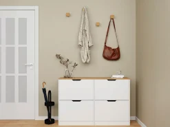 Armário para calçados com 4 compartimentos rebatíveis - Branco e natural - LOTULA