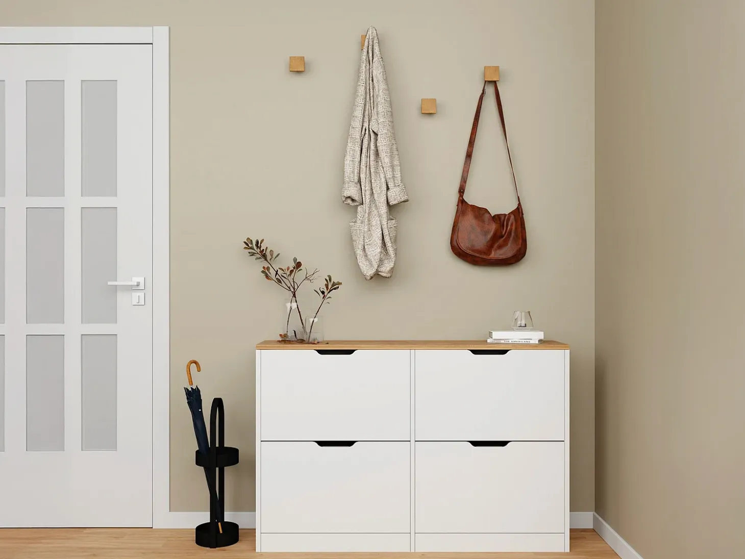 Armário para calçados com 4 compartimentos rebatíveis - Branco e natural - LOTULA