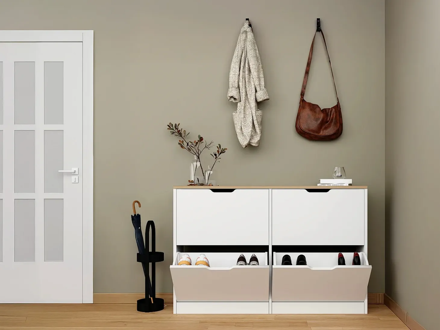 Armário para calçados com 4 compartimentos rebatíveis - Branco e natural - LOTULA