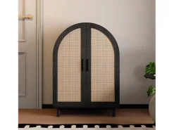 Armário para sapatos 70×40×100 cm - design curvado - 2 portas em vime - 3 prateleiras - natural + preto
