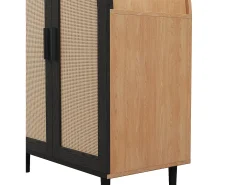 Armário para sapatos 70×40×100 cm - design curvado - 2 portas em vime - 3 prateleiras - natural + preto