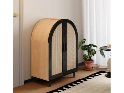 Armário para sapatos 70×40×100 cm - design curvado - 2 portas em vime - 3 prateleiras - natural + preto