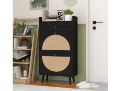 Armário para sapatos em rattan preto - 2 portas e 1 gaveta