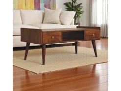 Artisan Furniture Madeira Maciça Móvel de Mídia Elevado em Castanho, 4 Gavetas e Compartimento Aberto, Marrom Escuro