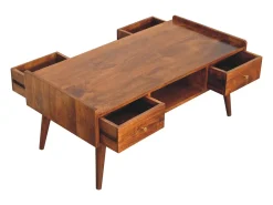 Artisan Furniture Madeira Maciça Móvel de Mídia Elevado em Castanho, 4 Gavetas e Compartimento Aberto, Marrom Escuro