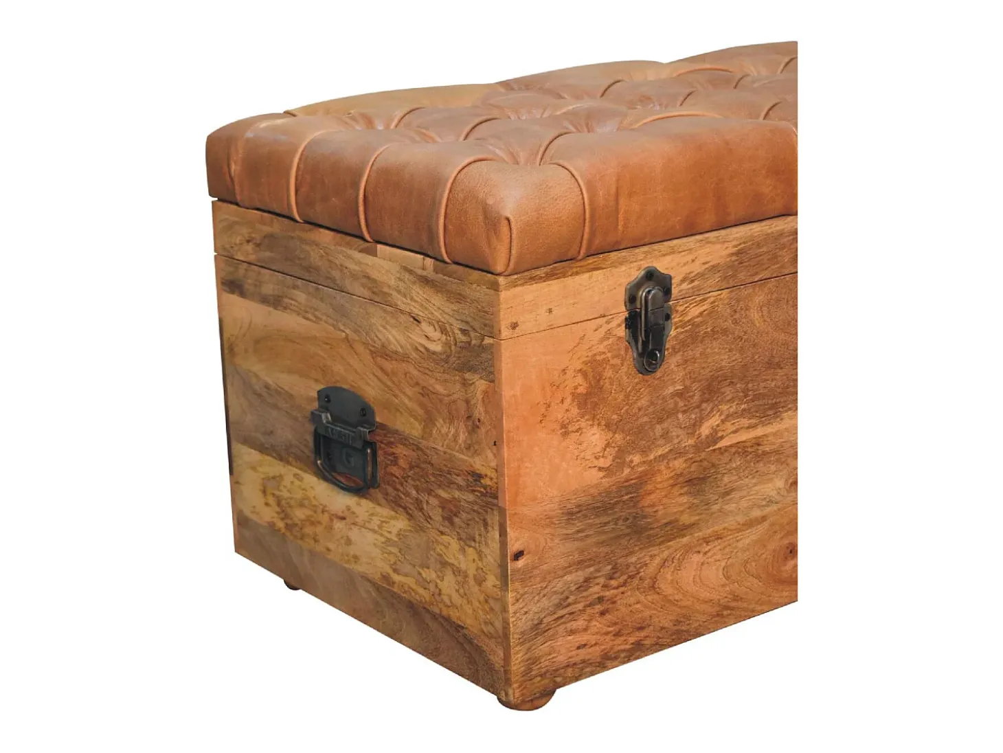 Artisan Furniture Madeira maciça Baú de Armazenamento em Couro de Búfalo e Tom de Carvalho