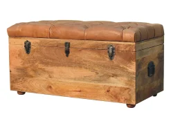 Artisan Furniture Madeira maciça Baú de Armazenamento em Couro de Búfalo e Tom de Carvalho