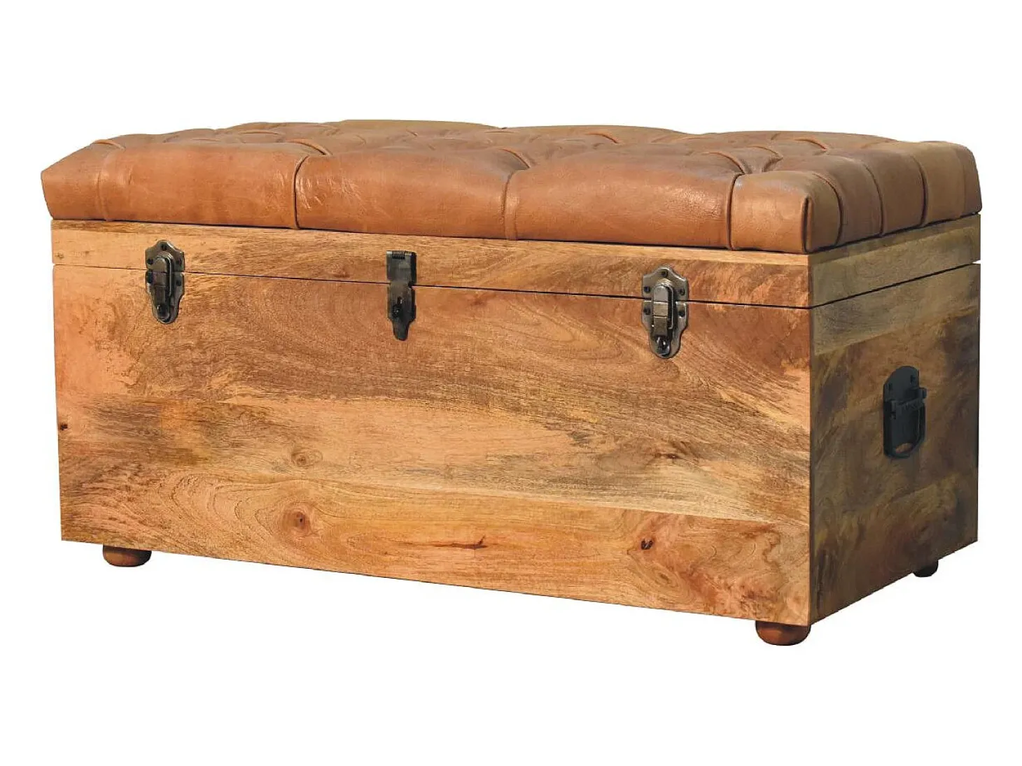 Artisan Furniture Madeira maciça Baú de Armazenamento em Couro de Búfalo e Tom de Carvalho