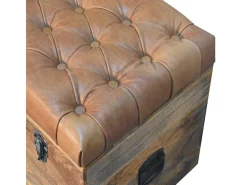 Artisan Furniture Madeira maciça Baú de Armazenamento em Couro de Búfalo e Tom de Carvalho