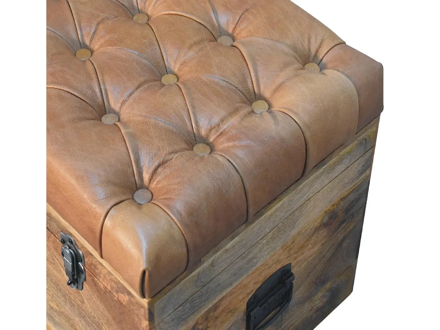 Artisan Furniture Madeira maciça Baú de Armazenamento em Couro de Búfalo e Tom de Carvalho