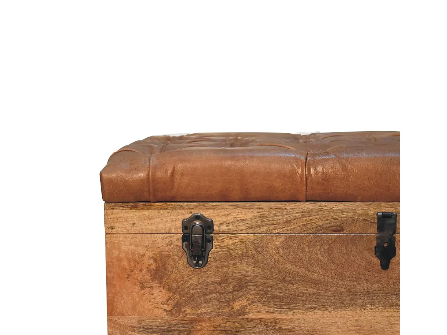 Artisan Furniture Madeira maciça Baú de Armazenamento em Couro de Búfalo e Tom de Carvalho