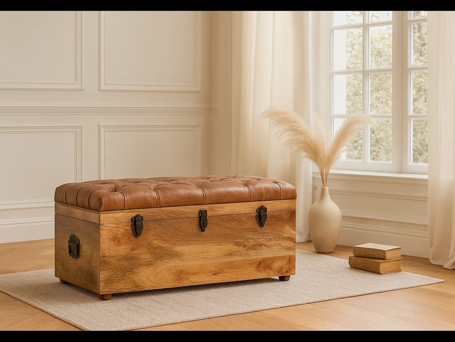 Artisan Furniture Madeira maciça Baú de Armazenamento em Couro de Búfalo e Tom de Carvalho