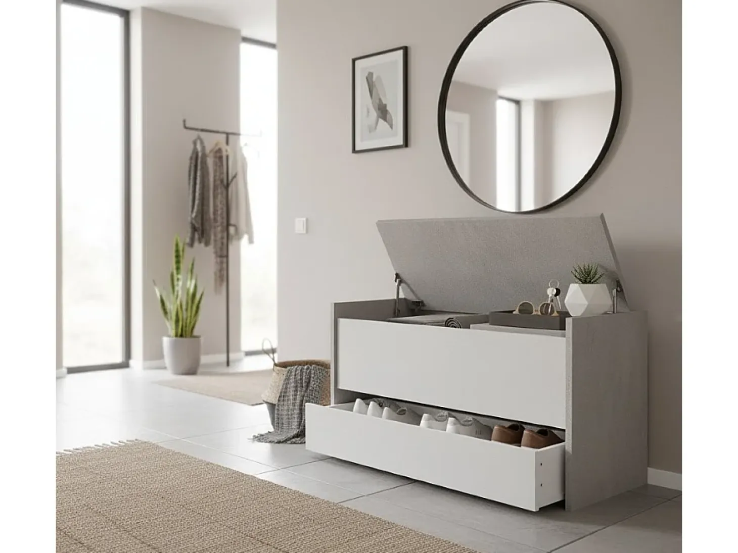 Baú Dgaiard, Móvel de entrada moderno com sapateira, Baú com dois contêineres, 100% Fabricado na Itália, 90x40h46 cm, Branco e Cimento