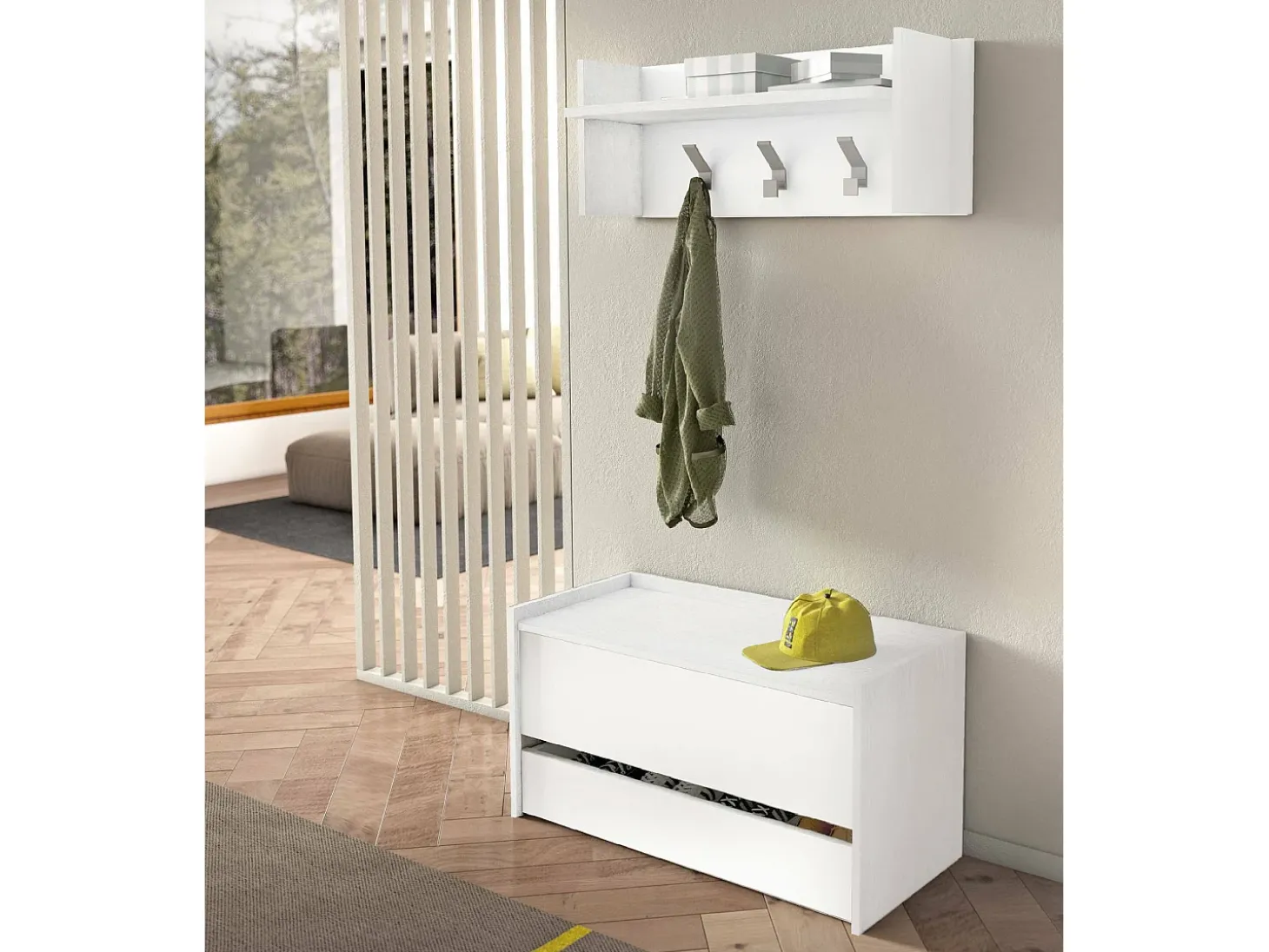 Baú Dgaiard, Móvel de entrada moderno com sapateira, Baú com dois recipientes, 100% Fabricado na Itália, 90x40h46 cm, Branco