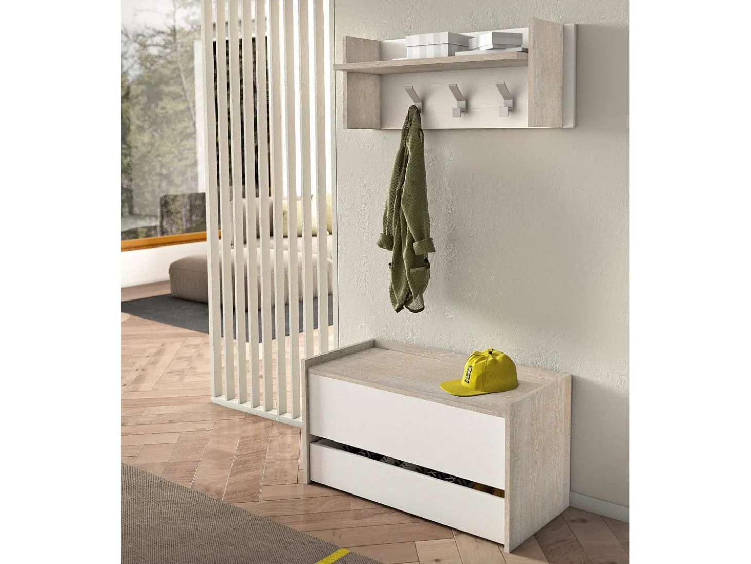 Baú Dgaiard, Móvel de entrada moderno com sapateira, Baú com dois recipientes, 100% Fabricado na Itália, 90x40h46 cm, Branco e Carvalho