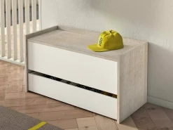 Baú Dgaiard, Móvel de entrada moderno com sapateira, Baú com dois recipientes, 100% Fabricado na Itália, 90x40h46 cm, Branco e Carvalho