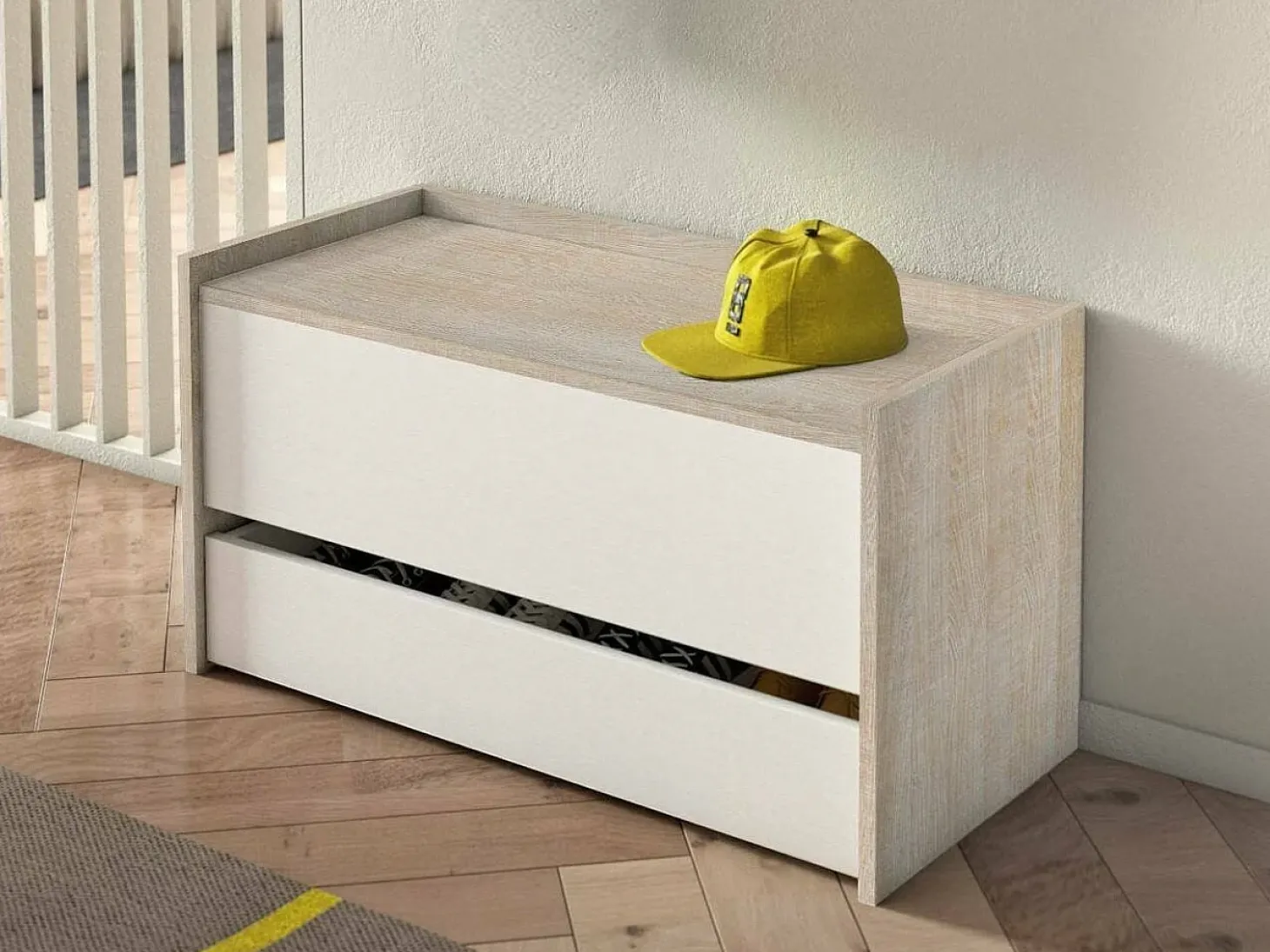 Baú Dgaiard, Móvel de entrada moderno com sapateira, Baú com dois recipientes, 100% Fabricado na Itália, 90x40h46 cm, Branco e Carvalho
