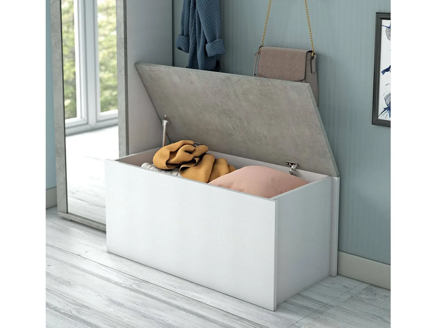 Baú Ditalen, Grande caixa de armazenamento multiuso, Baú moderno, 100% Fabricado na Itália, 90x45h45 cm, Branco e Cimento