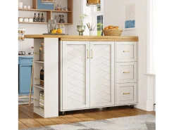 Balcão de cozinha extensível com rodízios - 135-228 x 39 x 104 cm - com 2 portas + 3 gavetas - MDF + metal - branco