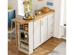 Balcão de cozinha extensível com rodízios - 135-228 x 39 x 104 cm - com 2 portas + 3 gavetas - MDF + metal - branco